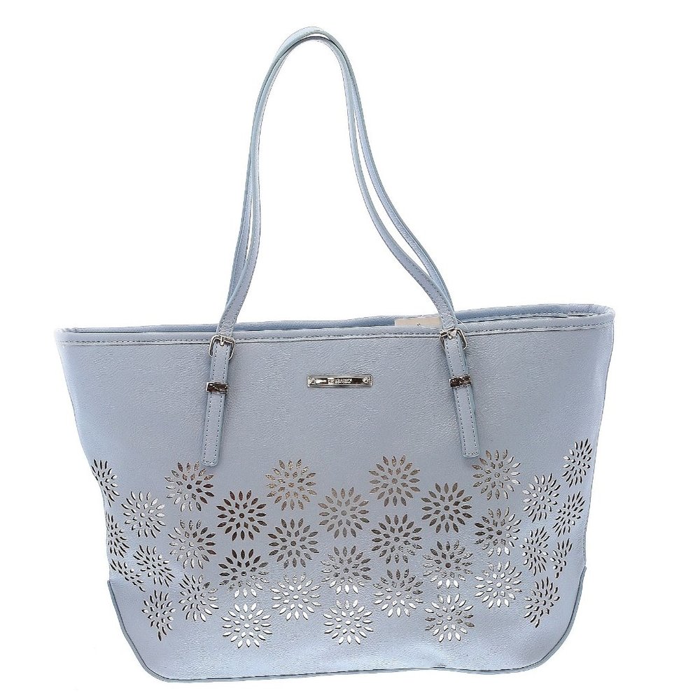 NWT Nine West It Girl Dust Blue Floral Silver Cut Out Accents Tote Bag